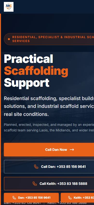 Arc Scaffold mobile homepage