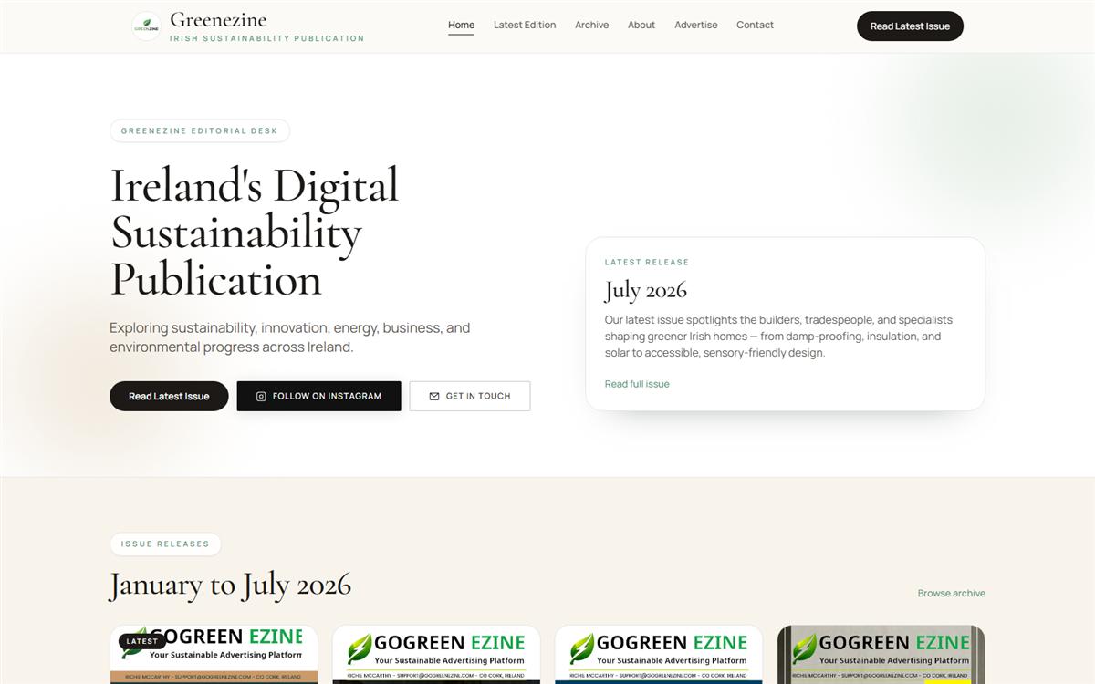 Greenezine desktop homepage