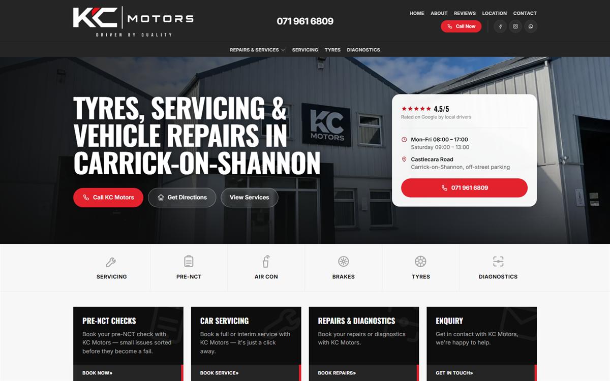 KC Motors desktop homepage
