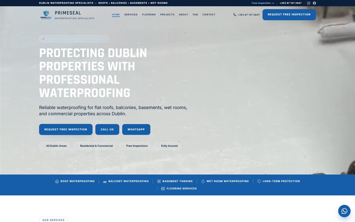 PrimeSeal Waterproofing desktop homepage